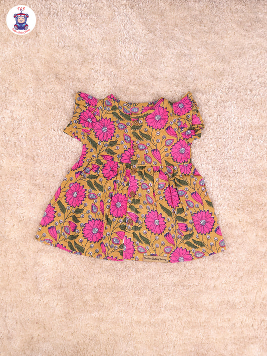 Light Mustard Floral - Girls Readymade Jaipuri Frocks