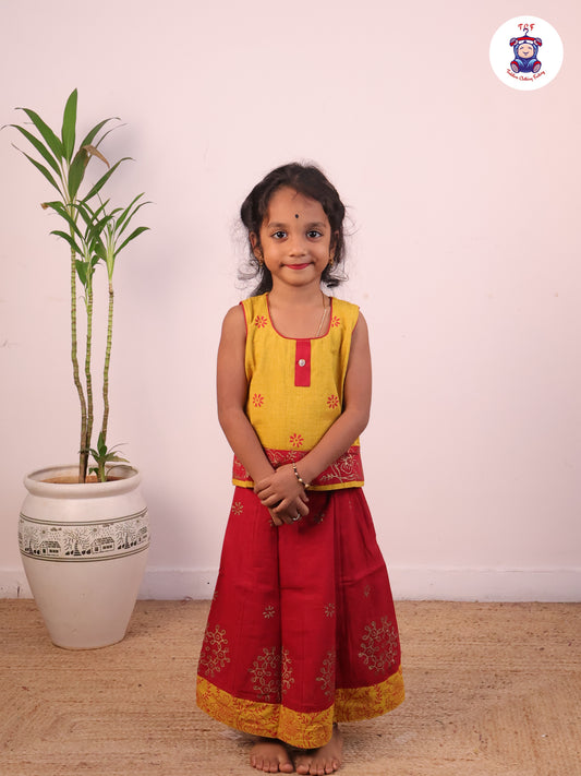 Mustard  & Red - Cotton Pavadai Sattai