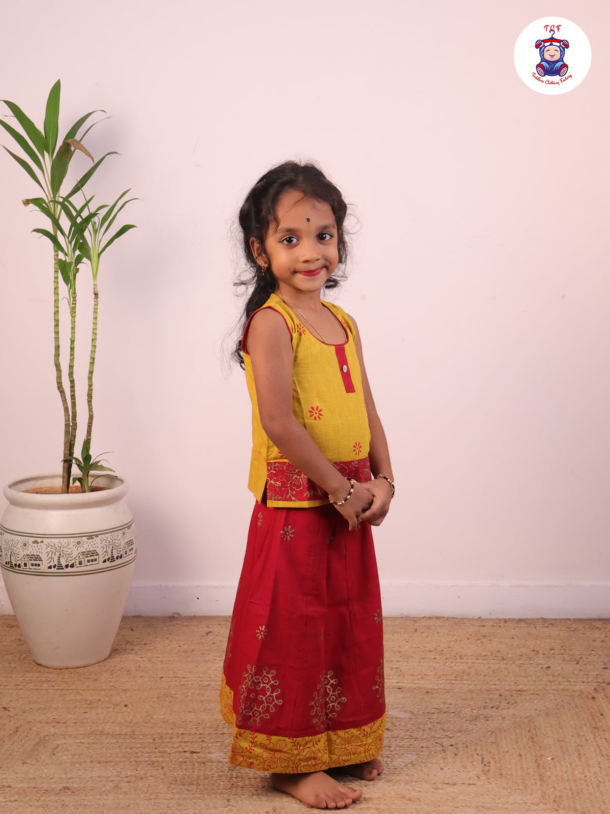 Mustard  & Red - Cotton Pavadai Sattai