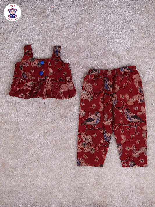 Dark Red & Blue - Floral Printed Kalamkari Co-ords Sets