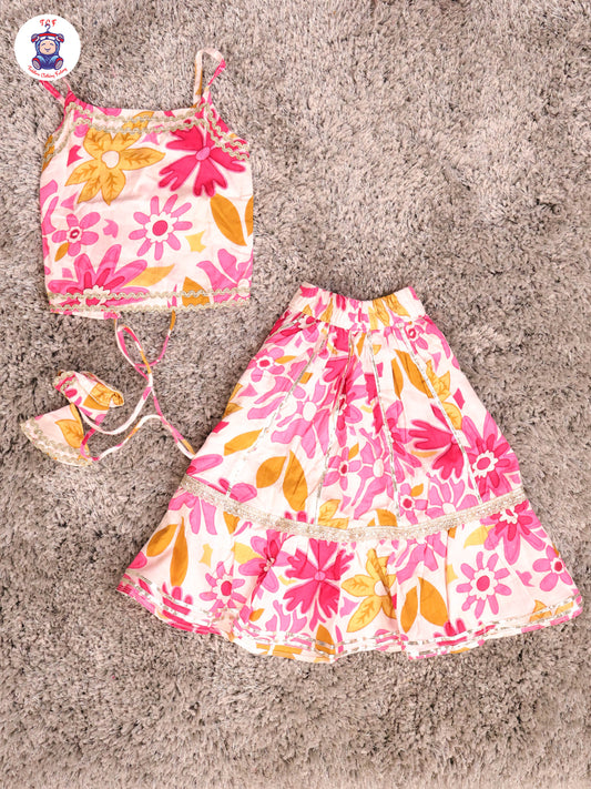 Pink & White - Floral Printed Girls Lehenga Choli