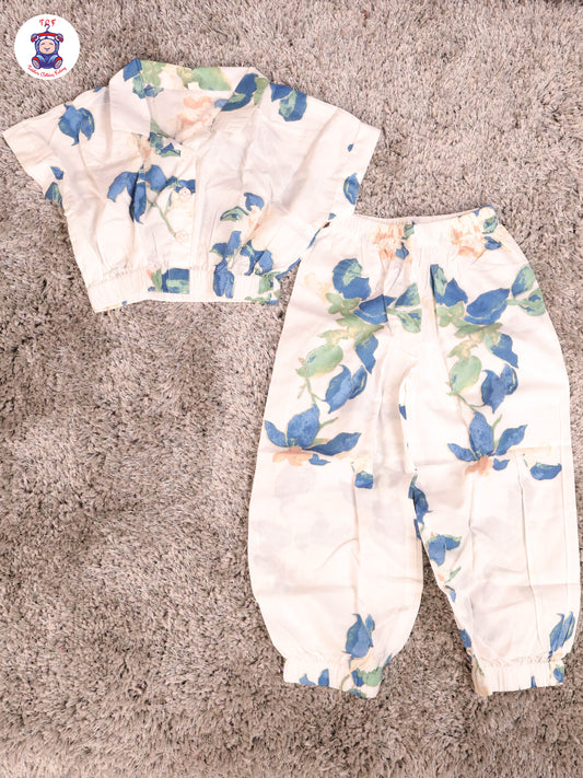 White - Floral  Crop Top & Pant