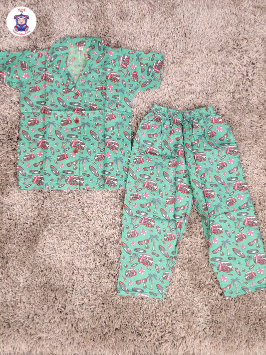 Green & Pink - Flower Boys Readymade Cotton Shirts & Pant
