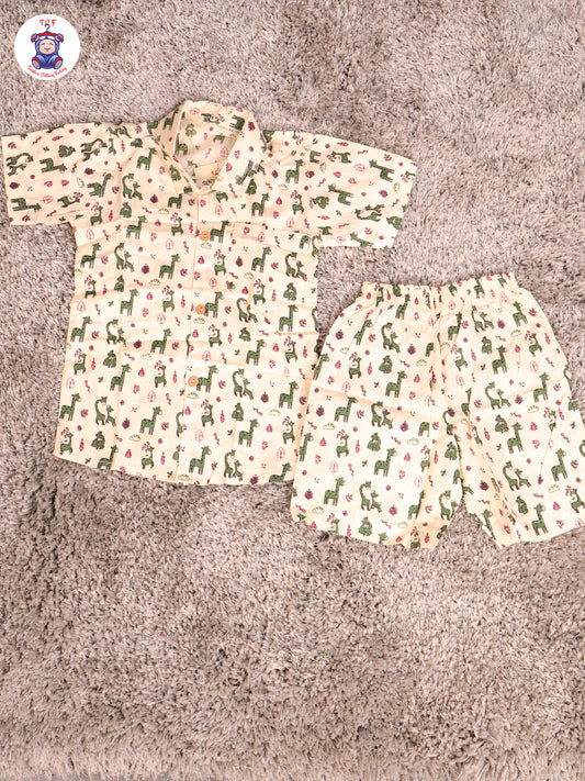 Cream & Green - Zebras Boys Readymade Cotton Shirts & Shorts