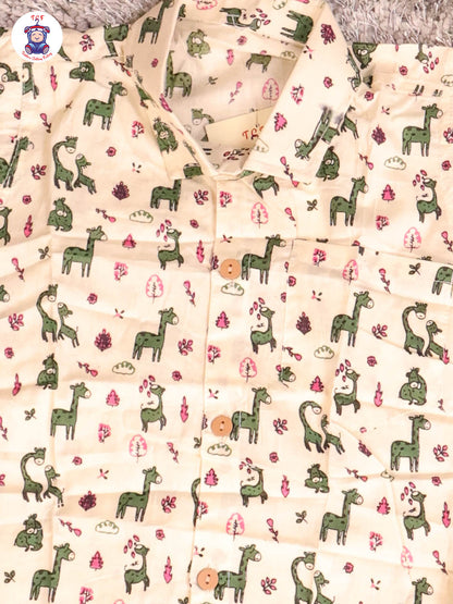 Cream & Green - Zebras Boys Readymade Cotton Shirts & Shorts