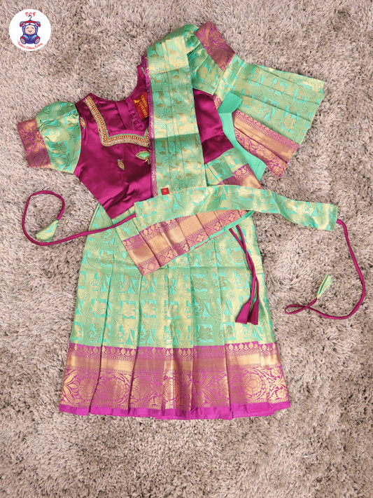 Purple & Teal Green - Girls Readymade Pavadai Sattai With Half Saree