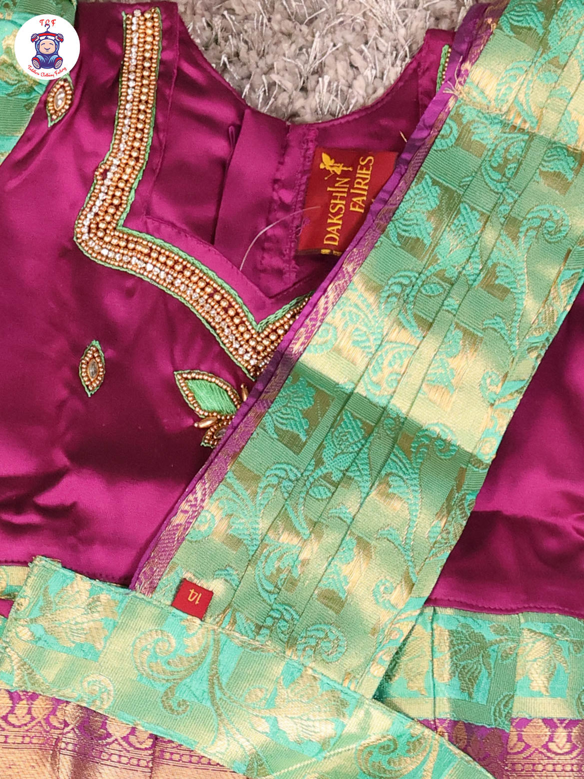 Purple & Teal Green - Girls Readymade Pavadai Sattai With Half Saree