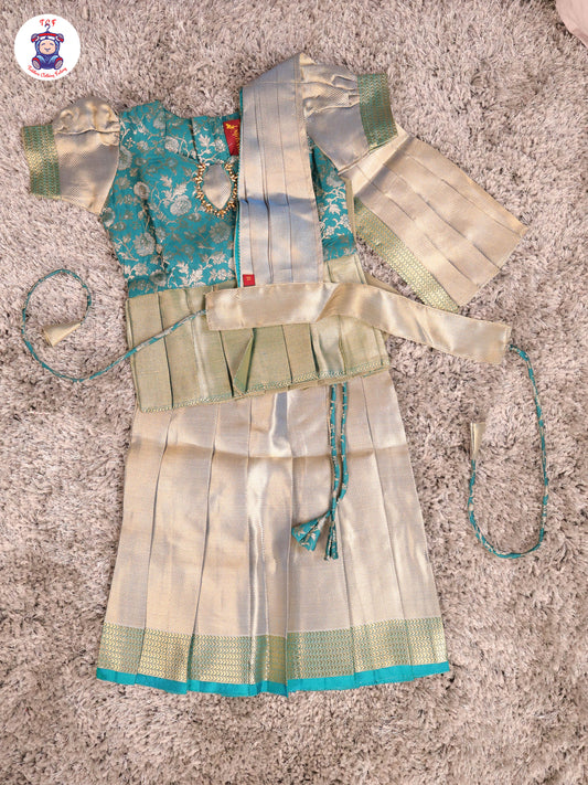 Bottle Green & Light Grey - Girls Readymade Pavadai Sattai With Half Saree