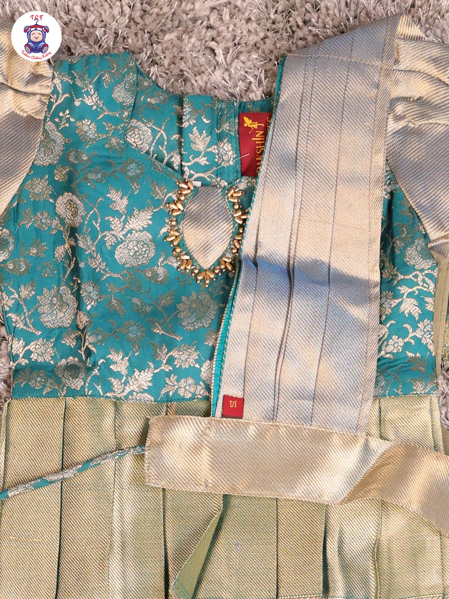 Bottle Green & Light Grey - Girls Readymade Pavadai Sattai With Half Saree