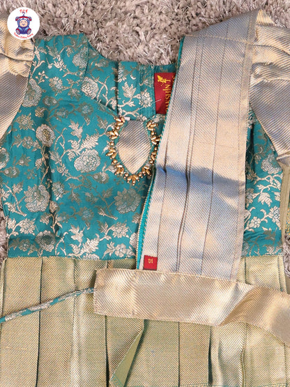 Bottle Green & Light Grey - Girls Readymade Pavadai Sattai With Half Saree