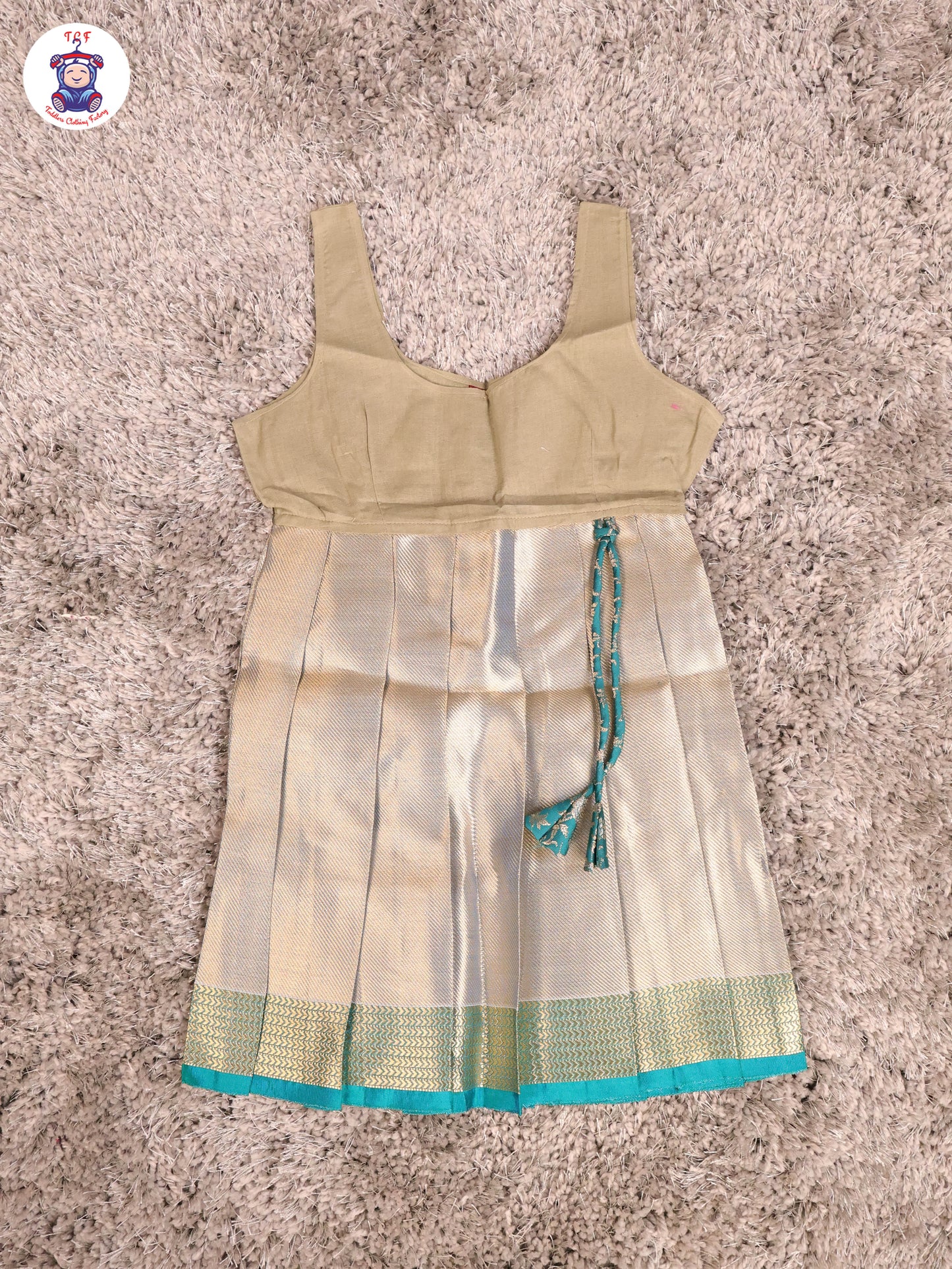 Bottle Green & Light Grey - Girls Readymade Pavadai Sattai With Half Saree
