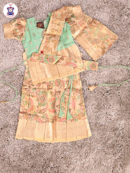 Pista Green & Cream - Girls Readymade Pavadai Sattai With Half Saree