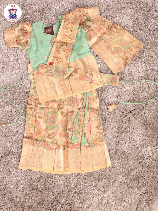 Pista Green & Cream - Girls Readymade Pavadai Sattai With Half Saree