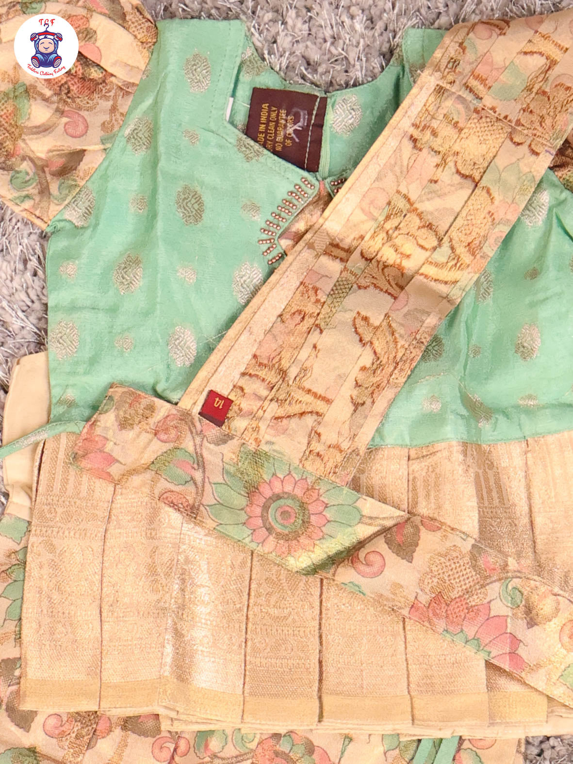 Pista Green & Cream - Girls Readymade Pavadai Sattai With Half Saree
