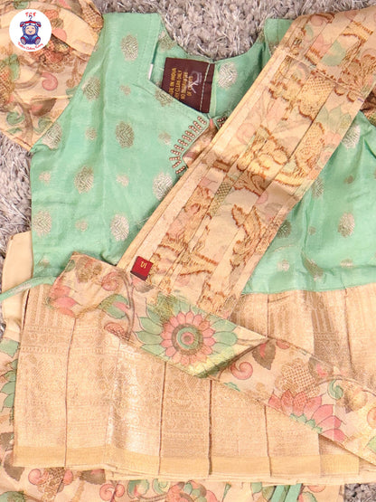 Pista Green & Cream - Girls Readymade Pavadai Sattai With Half Saree