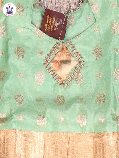 Pista Green & Cream - Girls Readymade Pavadai Sattai With Half Saree