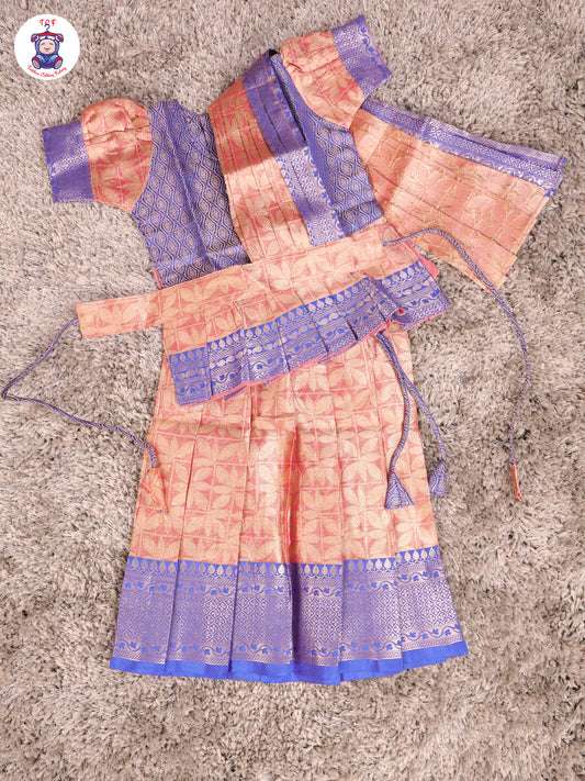 Blue & Onion Pink - Girls Readymade Pavadai Sattai With Half Saree
