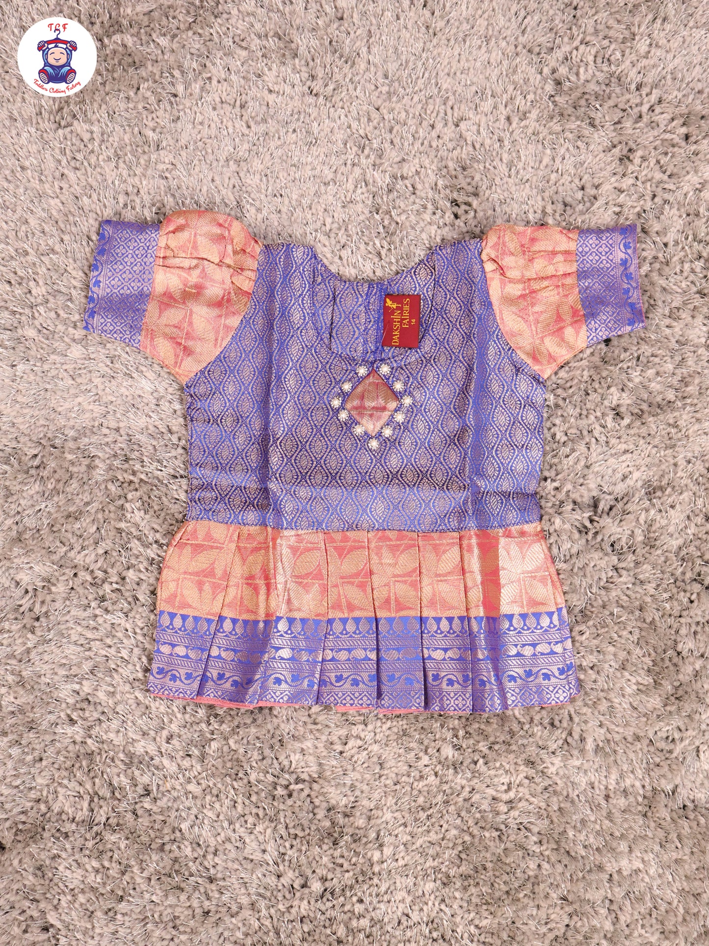 Blue & Onion Pink - Girls Readymade Pavadai Sattai With Half Saree