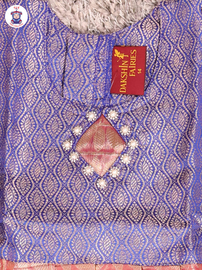 Blue & Onion Pink - Girls Readymade Pavadai Sattai With Half Saree