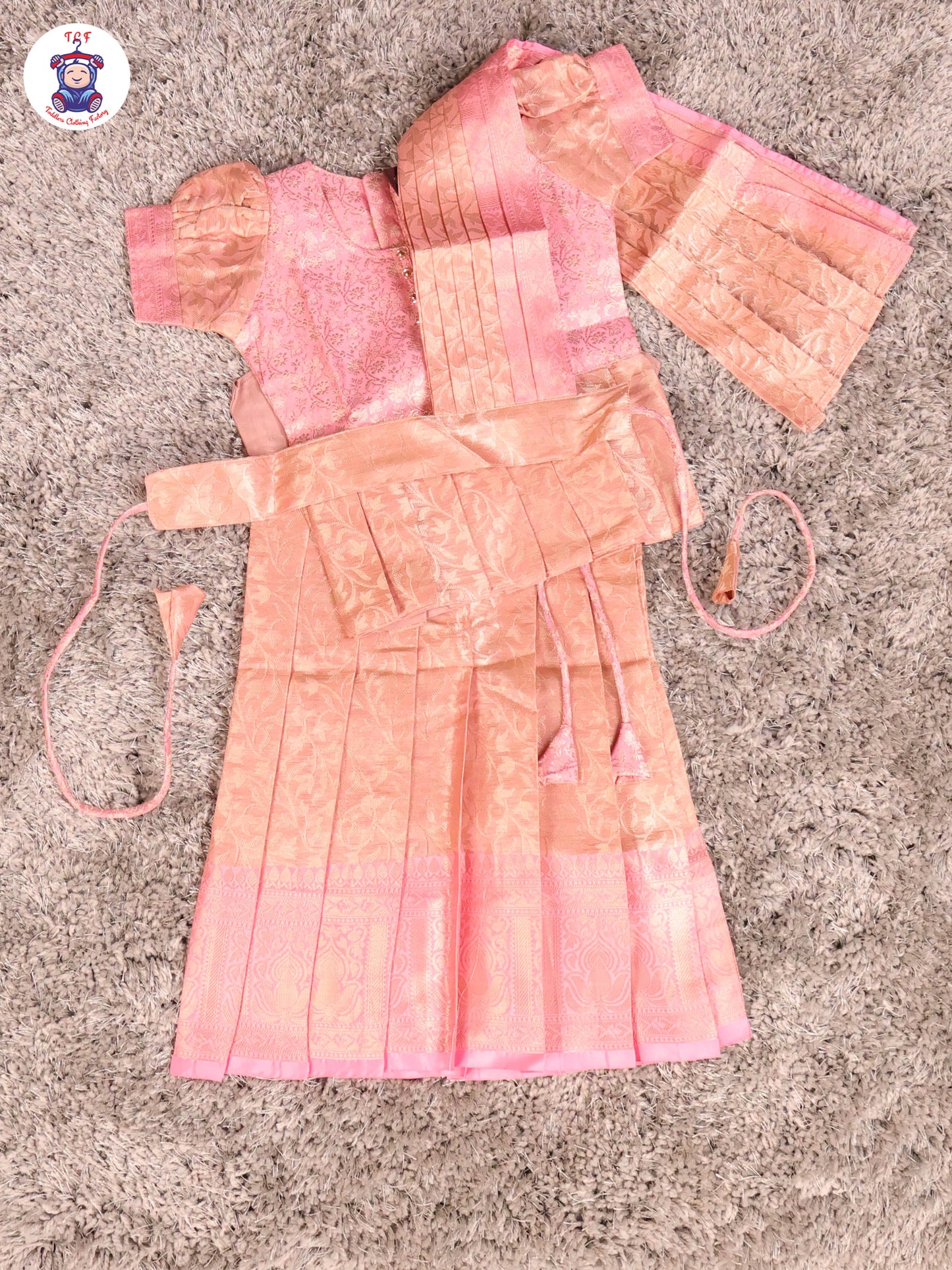 Pink & Copper - Girls Readymade Pavadai Sattai With Half Saree
