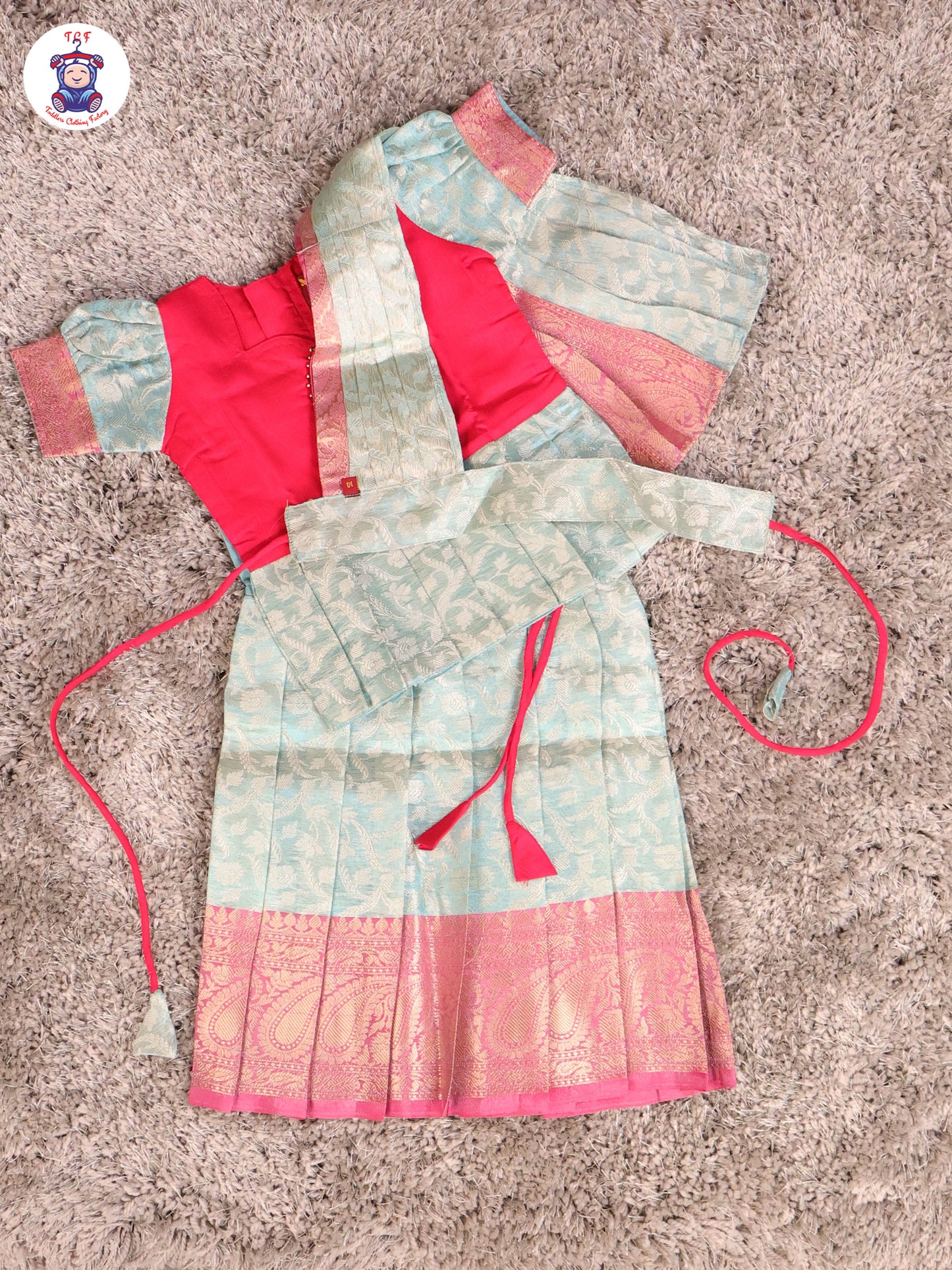 Pink & Sky Blue - Girls Readymade Pavadai Sattai With Half Saree