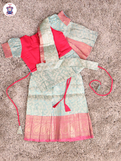 Pink & Sky Blue - Girls Readymade Pavadai Sattai With Half Saree