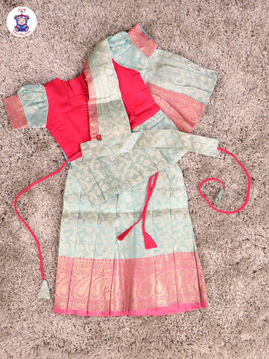 Pink & Sky Blue - Girls Readymade Pavadai Sattai With Half Saree