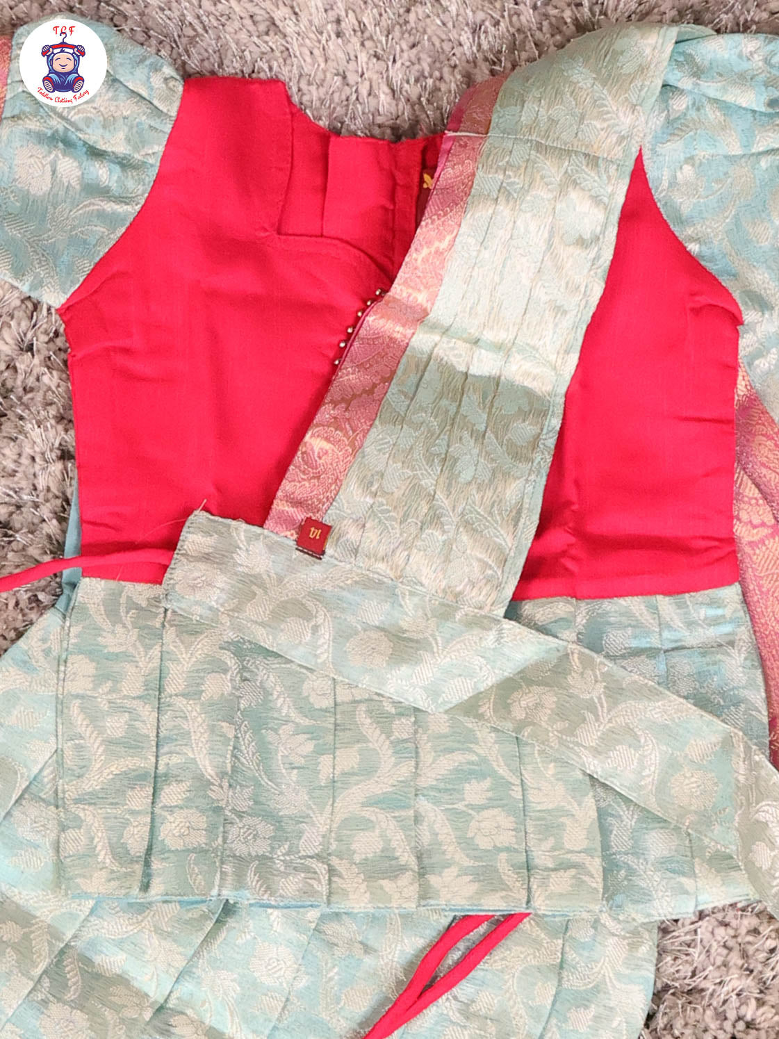 Pink & Sky Blue - Girls Readymade Pavadai Sattai With Half Saree