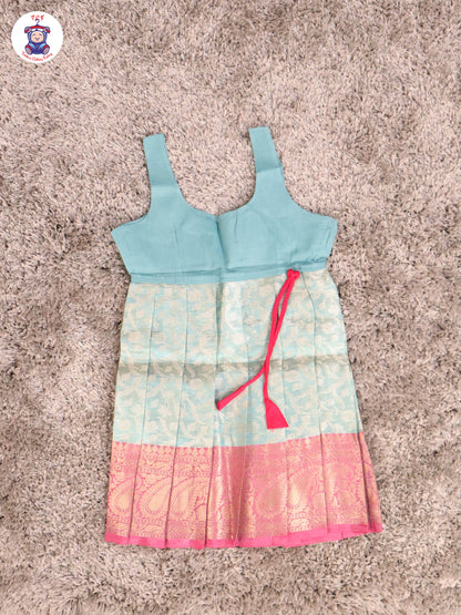 Pink & Sky Blue - Girls Readymade Pavadai Sattai With Half Saree