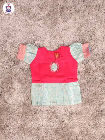 Pink & Sky Blue - Girls Readymade Pavadai Sattai With Half Saree