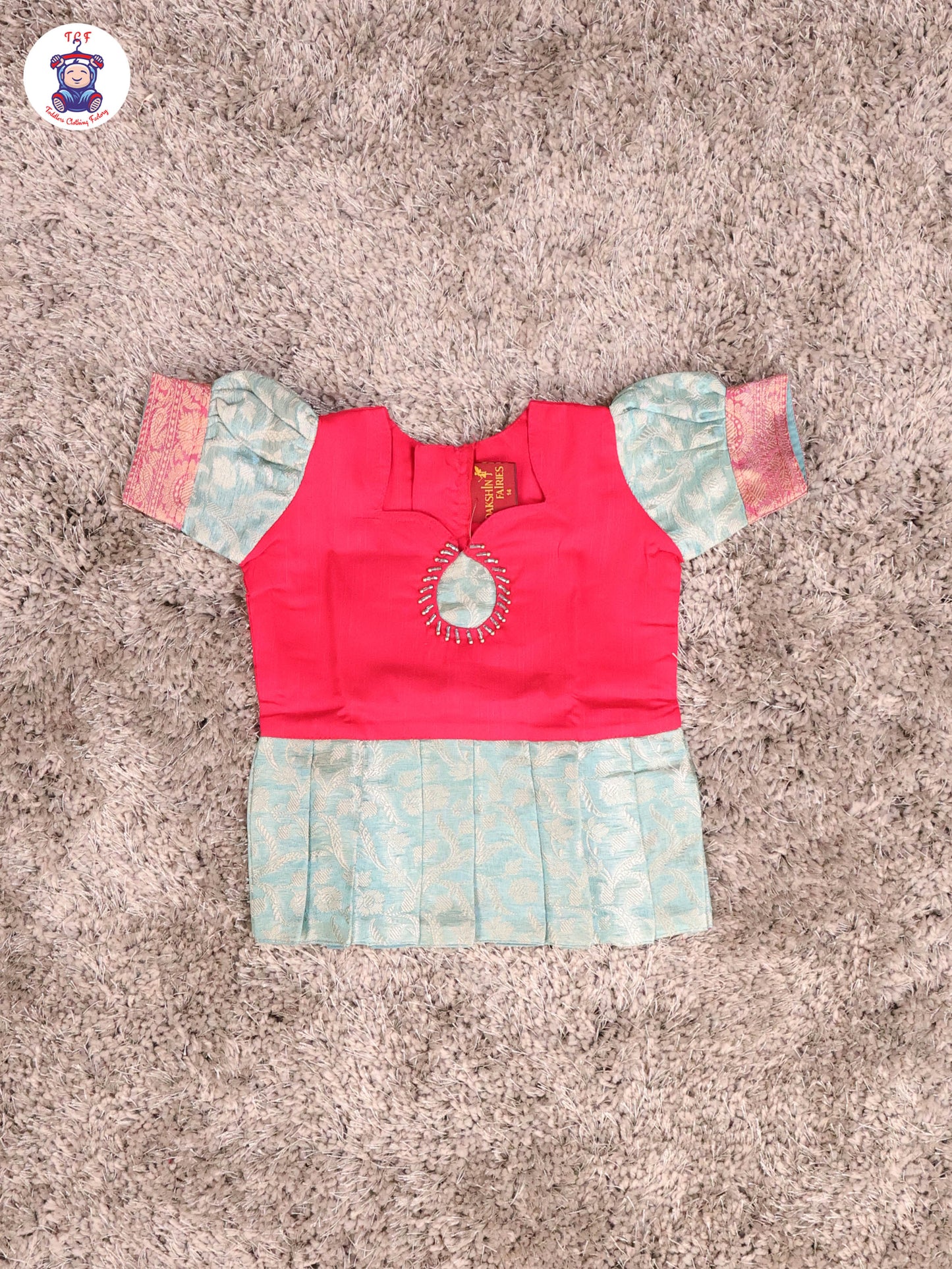 Pink & Sky Blue - Girls Readymade Pavadai Sattai With Half Saree