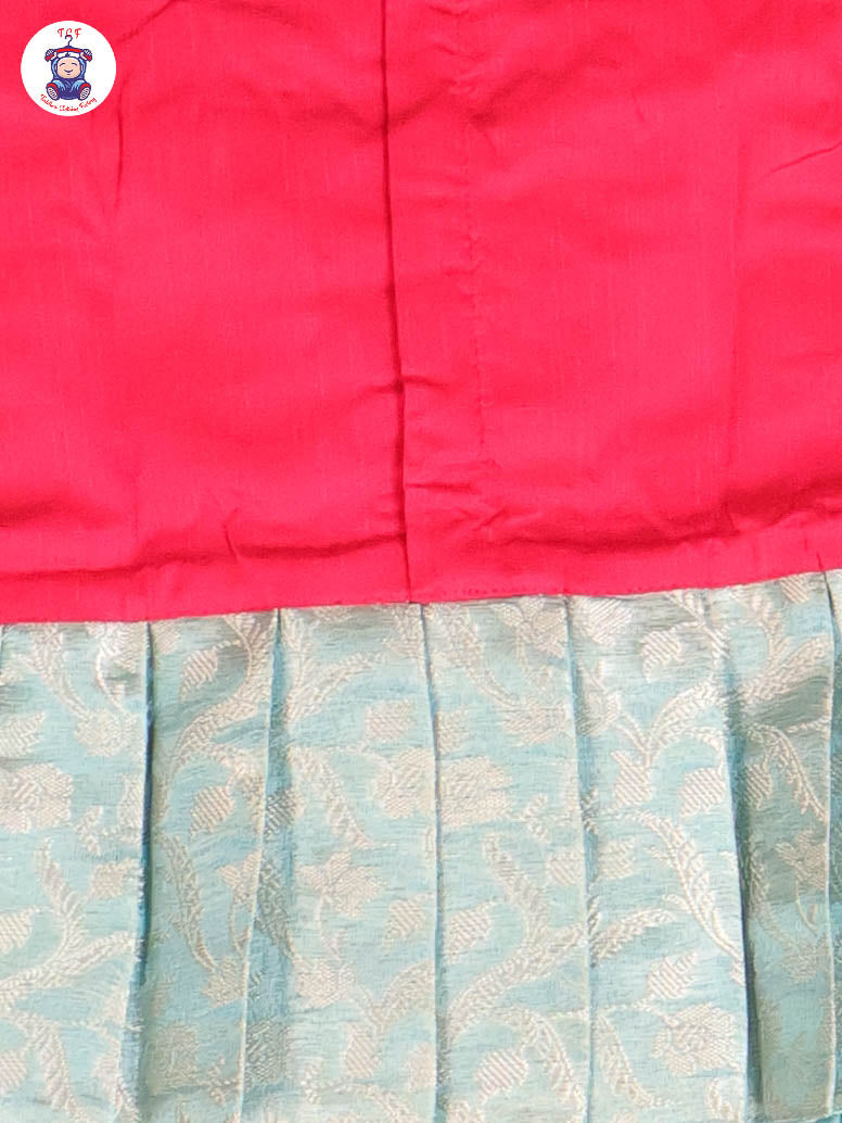 Pink & Sky Blue - Girls Readymade Pavadai Sattai With Half Saree