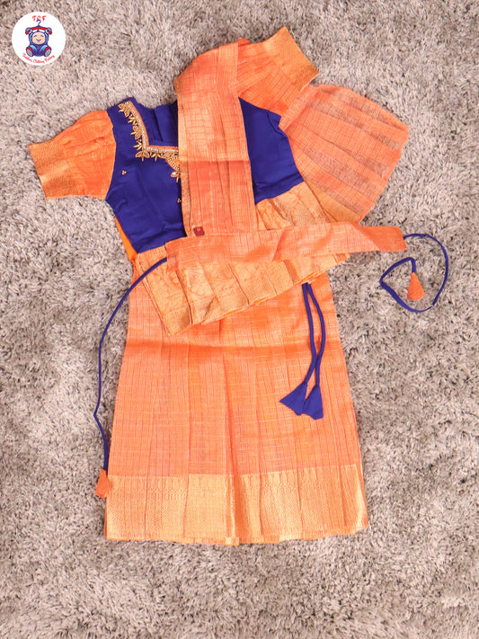 Dark Blue & Orange - Girls Readymade Pavadai Sattai With Half Saree