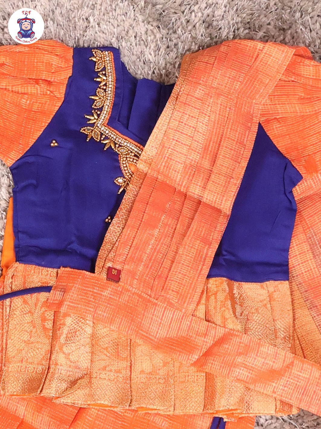 Dark Blue & Orange - Girls Readymade Pavadai Sattai With Half Saree