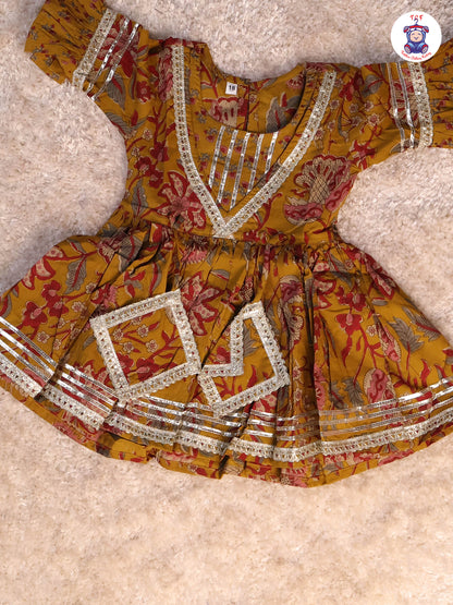 Mustard & Red - Floral Printed Anarkali Kurti With Sharara