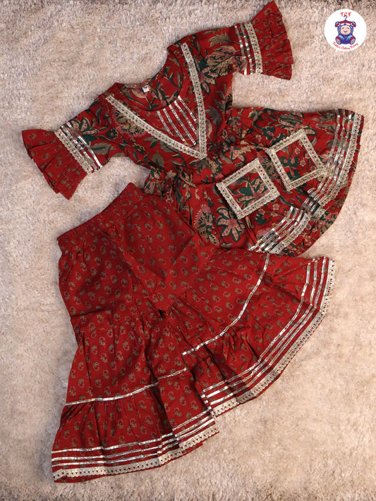 Red & Green - Floral Printed Anarkali Kurti With Sharara