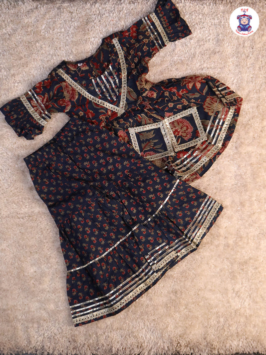 Navy Blue & Red - Floral Printed Anarkali Kurti With Sharara