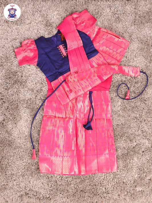 Royal Blue & Rani Pink - Girls Readymade Pavadai Sattai With Half Saree