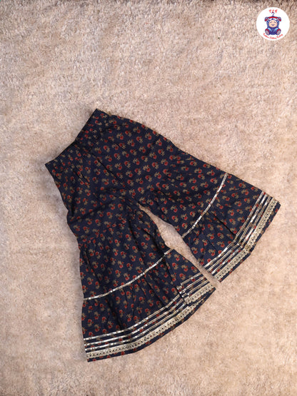 Navy Blue & Red - Floral Printed Anarkali Kurti With Sharara
