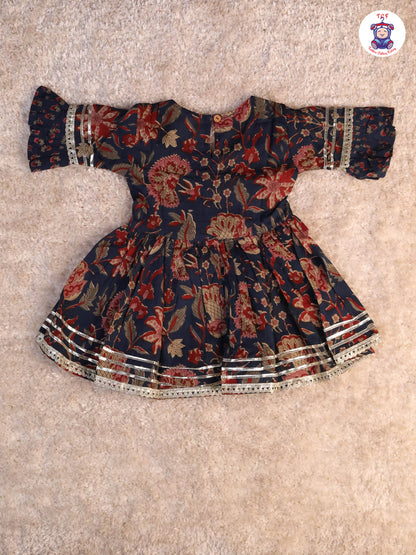 Navy Blue & Red - Floral Printed Anarkali Kurti With Sharara