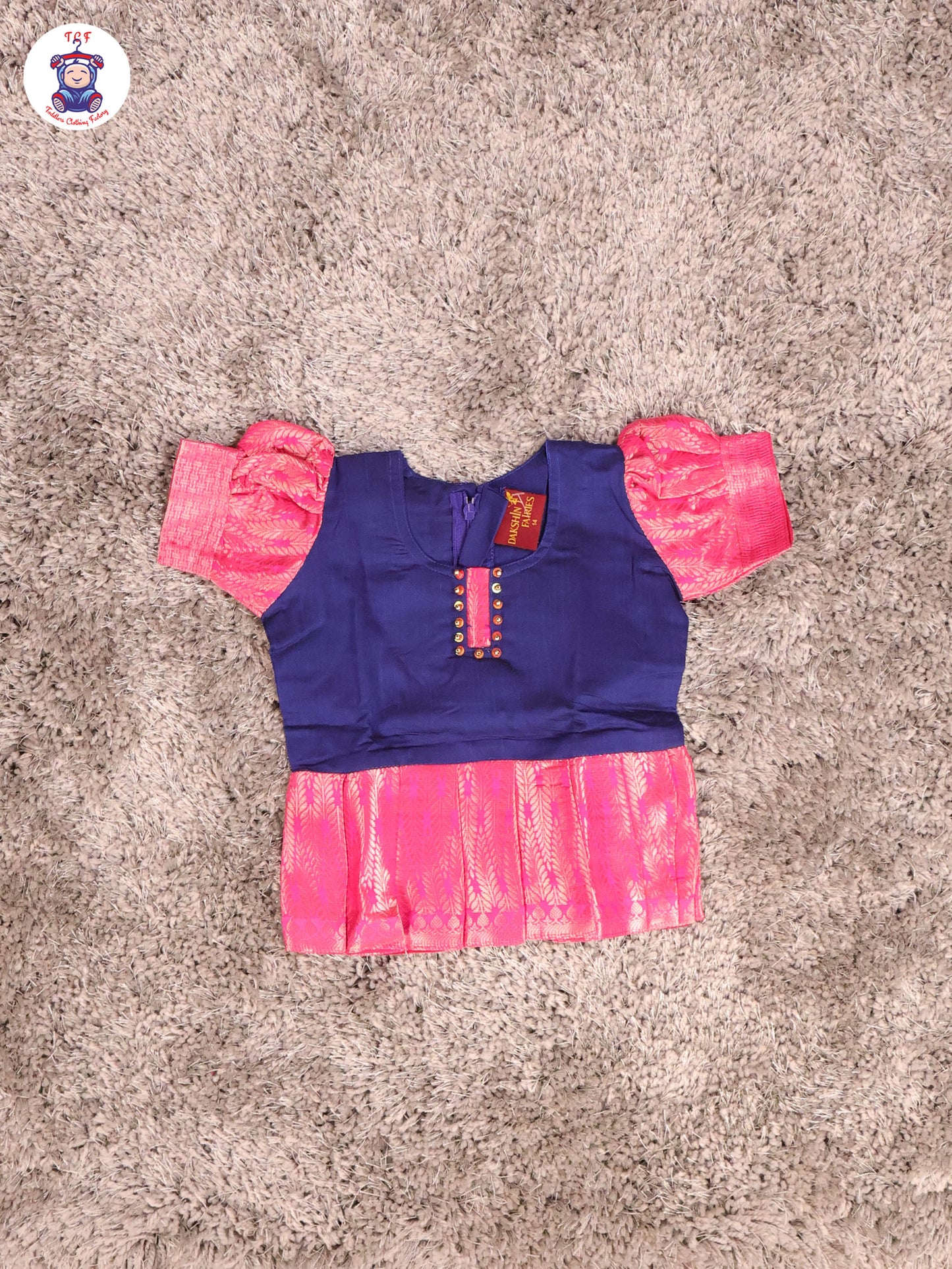 Royal Blue & Rani Pink - Girls Readymade Pavadai Sattai With Half Saree