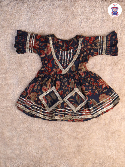 Navy Blue & Red - Floral Printed Anarkali Kurti With Sharara