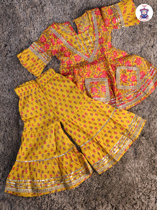 Yellow & Pink - Floral Printed Anarkali Kurti With Sharara