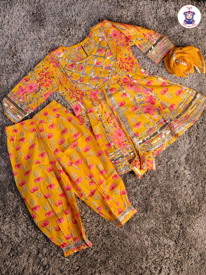 Mustard & Pink - Floral Printed Afgani Kurti With Pant And Dupatta
