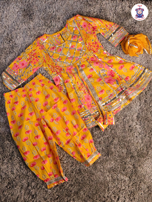 Mustard & Pink - Floral Printed Afgani Kurti With Pant And Dupatta