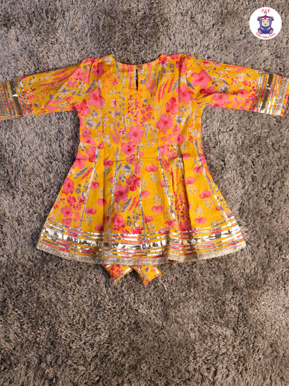 Mustard & Pink - Floral Printed Afgani Kurti With Pant And Dupatta