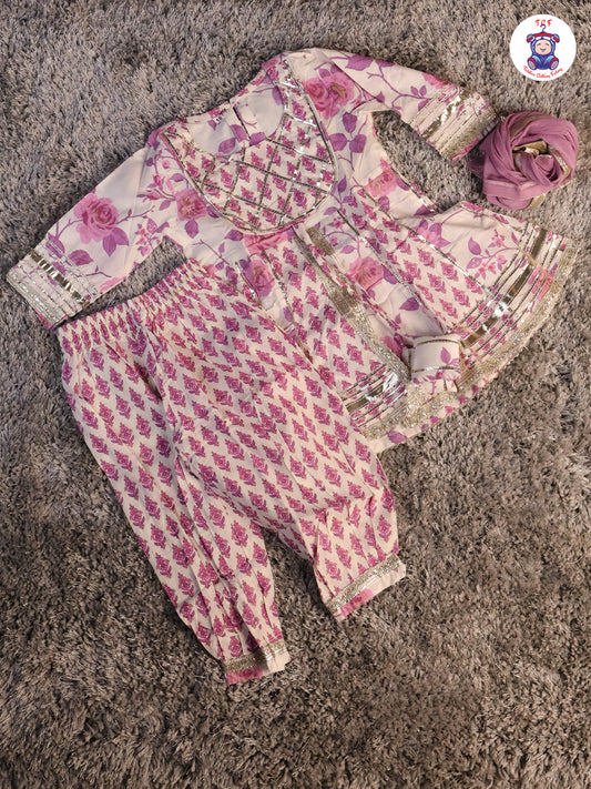 White & Lavender - Floral Printed Afgani Kurti With Pant And Dupatta