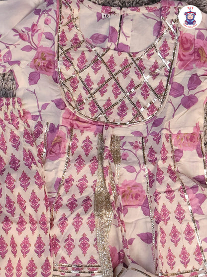 White & Lavender - Floral Printed Afgani Kurti With Pant And Dupatta