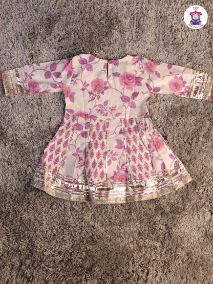 White & Lavender - Floral Printed Afgani Kurti With Pant And Dupatta