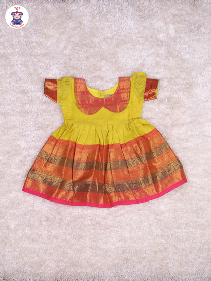 Lime Yellow & Maroon - Girls Chettinad Cotton Pan Collor Frock